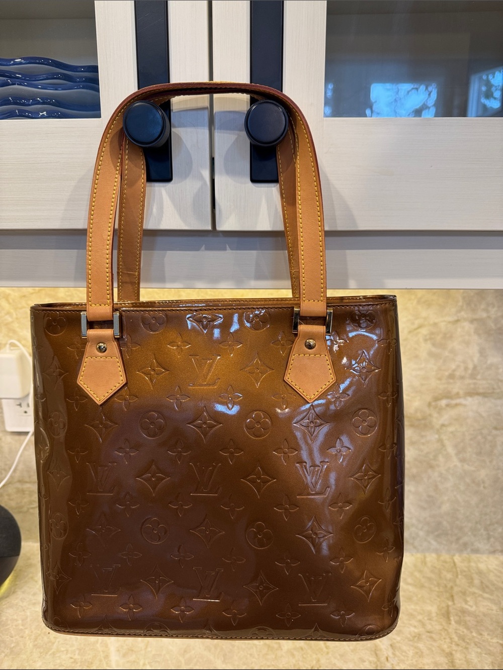 Louis Vuitton Brown Patent Vernis Tote with Tan Handles